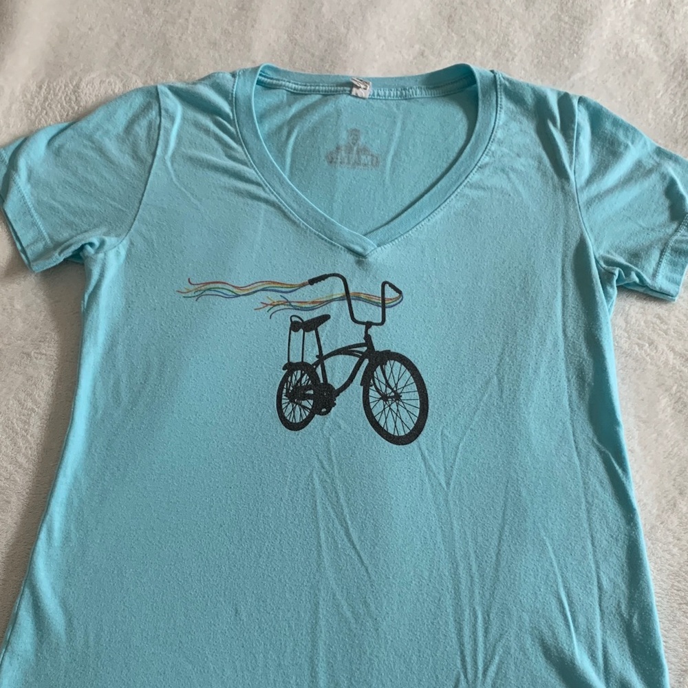Blue V-Neck T-Shirt with Bicycle Print